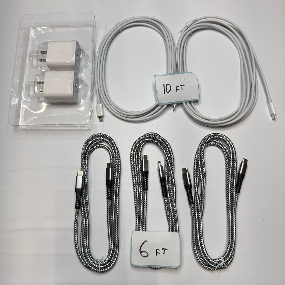 Set of 7 - 5 USB-C to USB-C/Lightning Charging Cables 6ft 10ft, 2 Wall Adapters